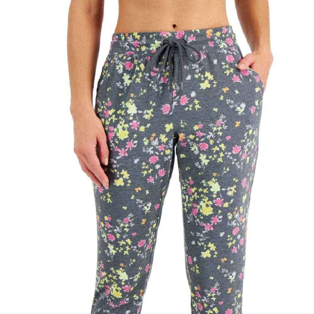 ID Ideology Women's Floral Print Pansy Slim Fit Drawstring Jogging Pants Grey Size Large