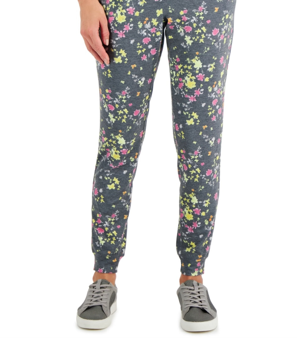 ID Ideology Women's Floral Print Pansy Slim Fit Drawstring Jogging Pants Grey Size Large