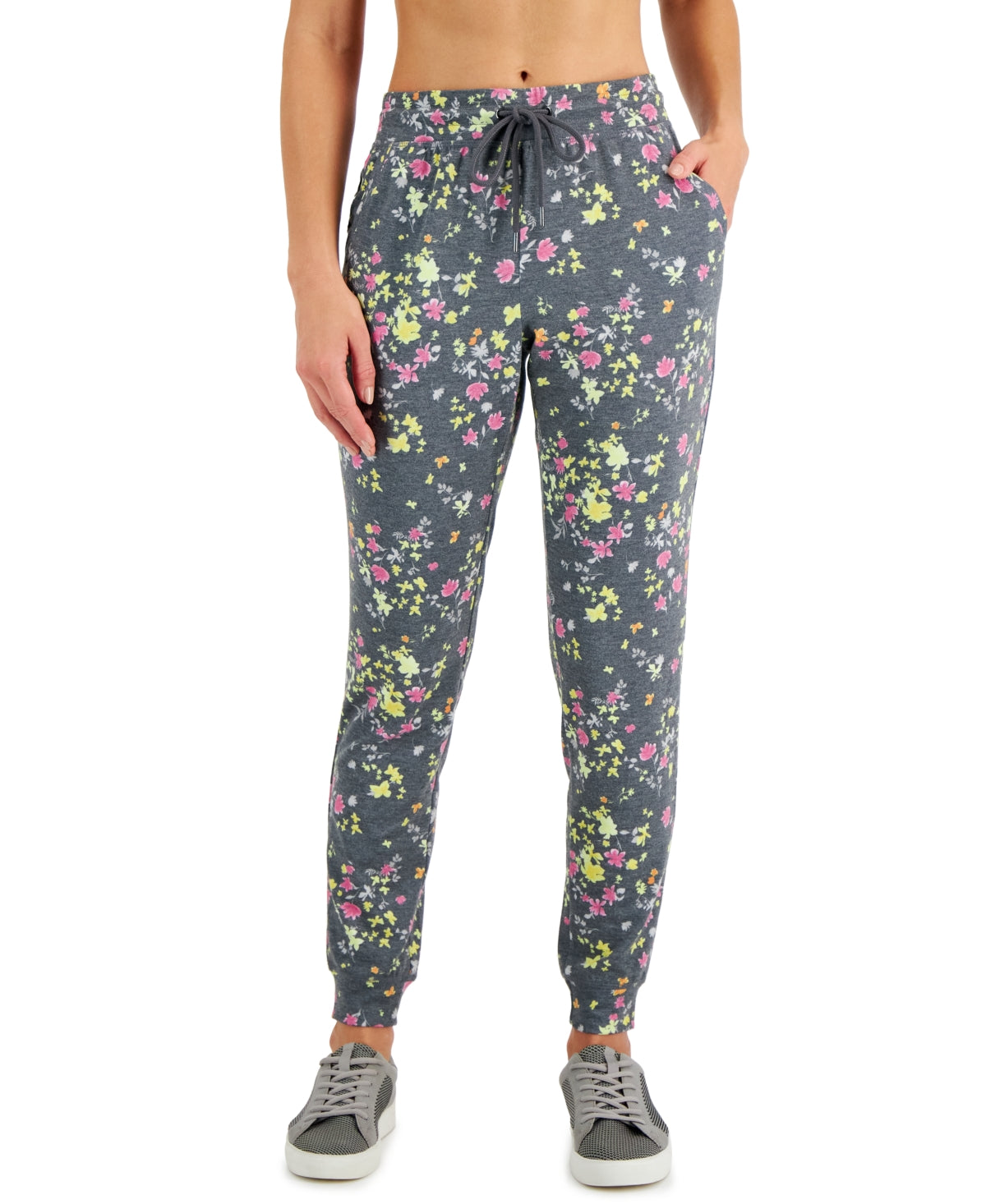 ID Ideology Women's Floral Print Pansy Slim Fit Drawstring Jogging Pants Grey Size Large