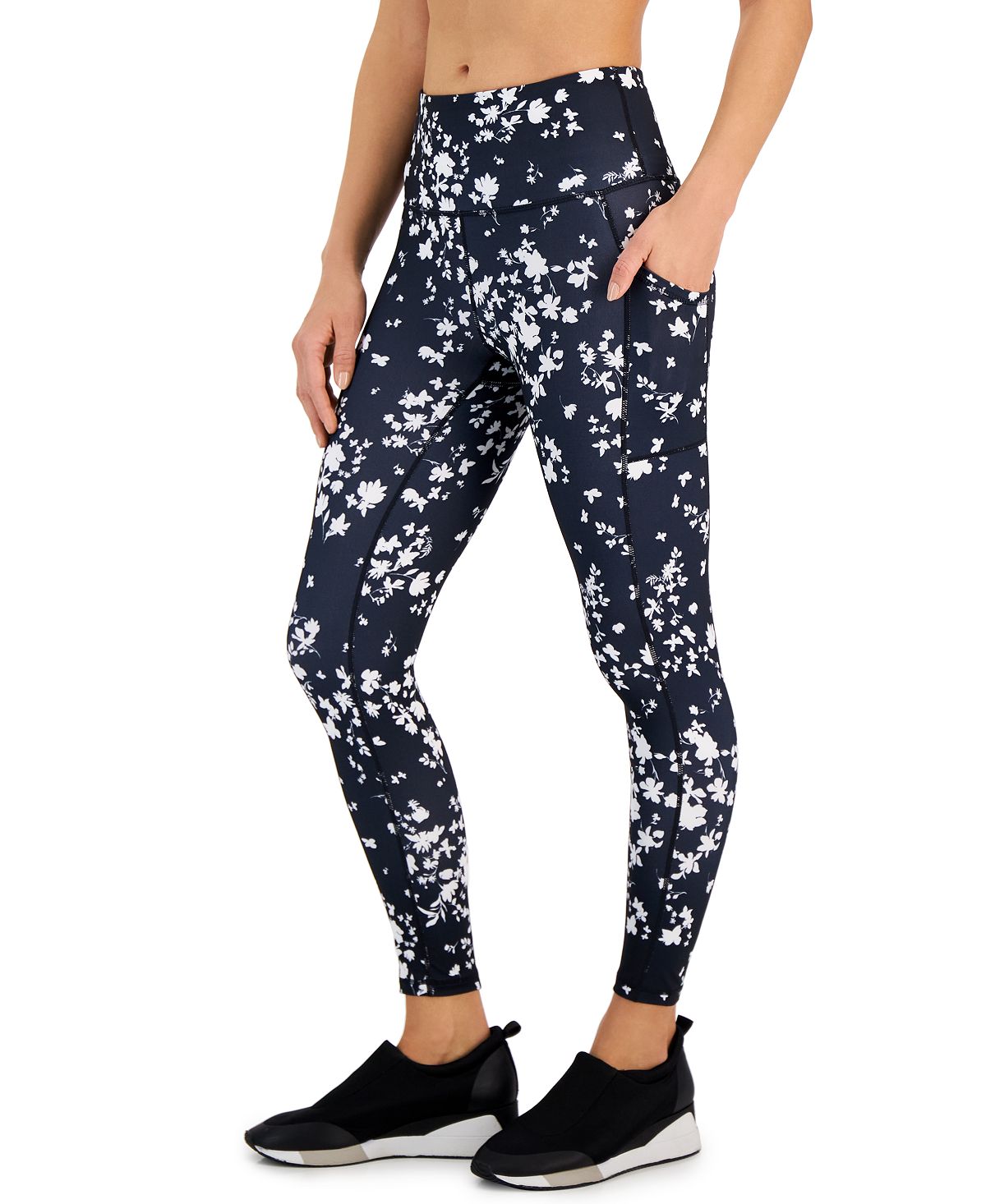 ID Ideology Women's Compression Floral Print Side Pocket 7/8 Leggings Gray