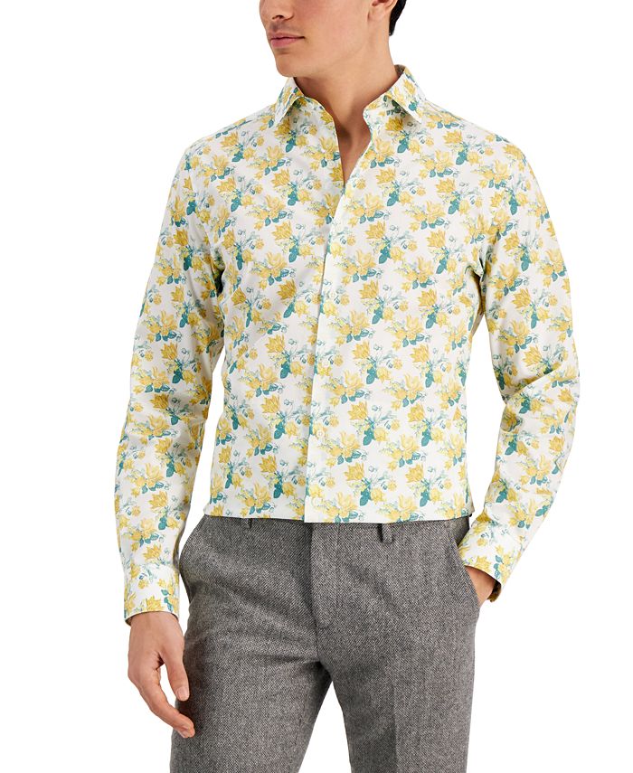 Bar III Men's Slim Fit Watercolor Floral Dress Shirt Yellow Size X-Large