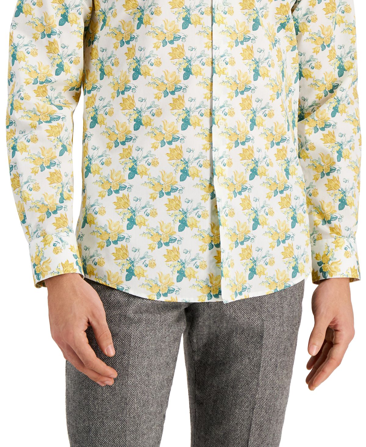 Bar III Men's Slim Fit Watercolor Floral Dress Shirt Yellow Size X-Large