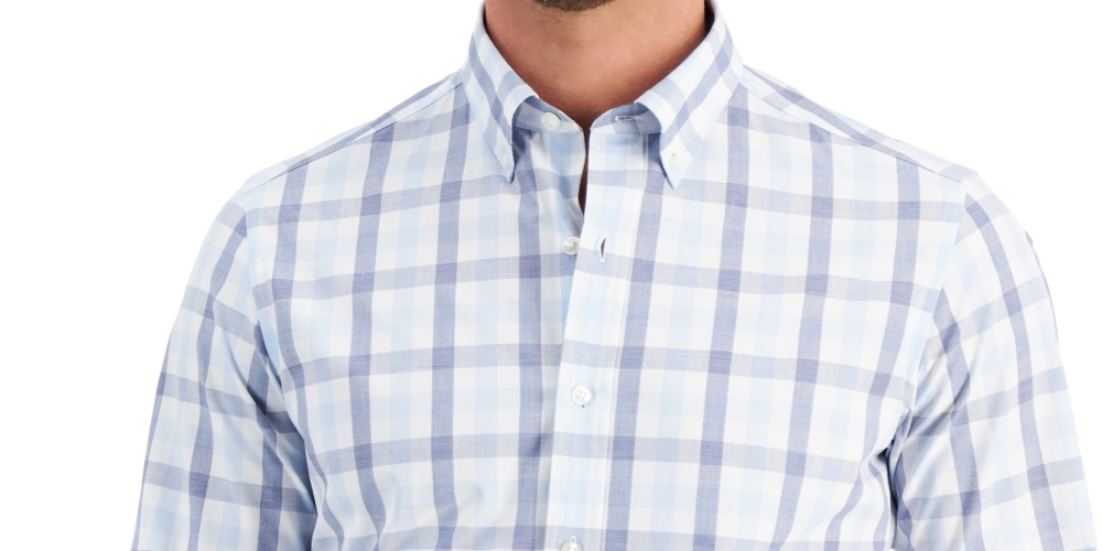 Club Room Men's Slim Fit 4 Way Stretch Gingham Dress Shirt Blue Size Small