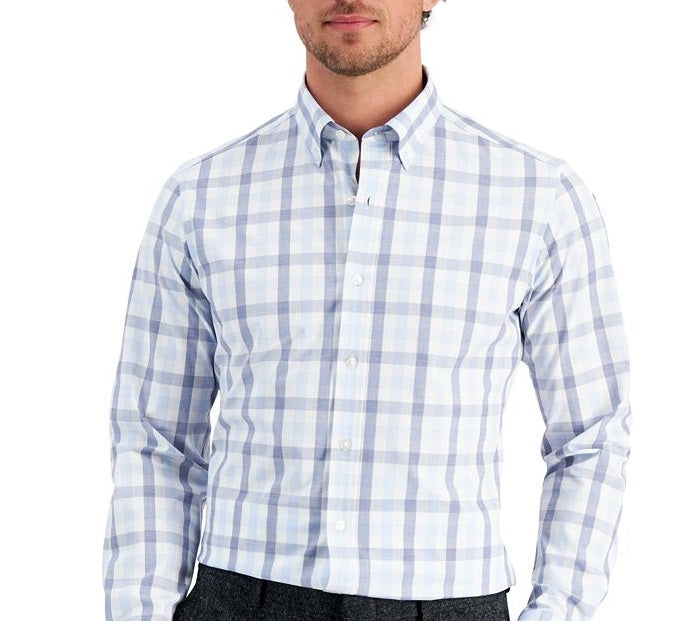 Club Room Men's Slim Fit 4 Way Stretch Gingham Dress Shirt Blue Size Large