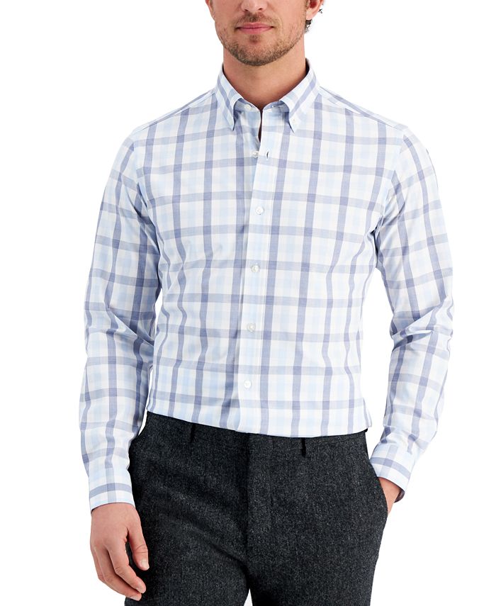 Club Room Men's Slim Fit 4 Way Stretch Gingham Dress Shirt Blue Size Large