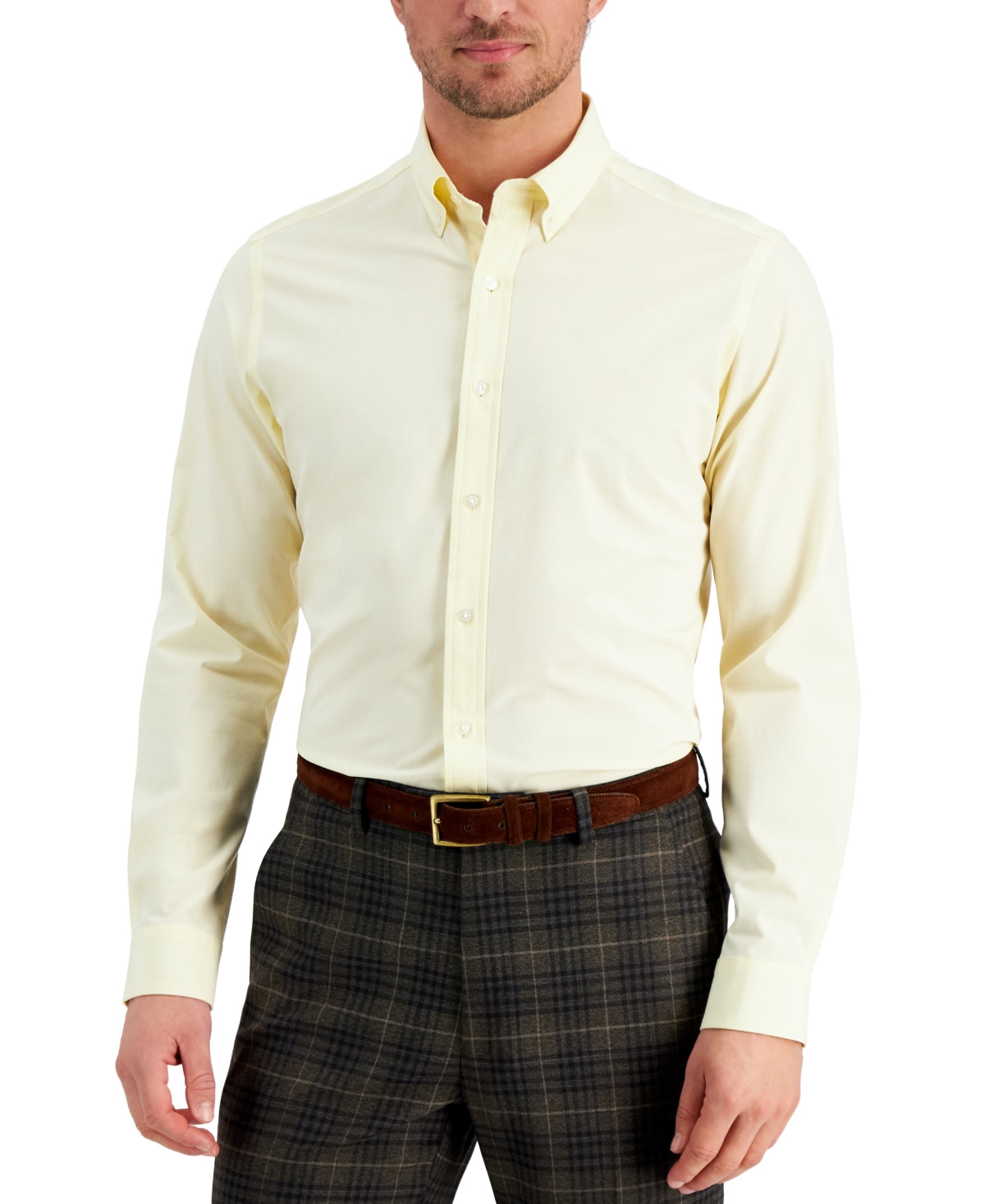Club Room Men's Slim Fit 4 Way Stretch Solid Dress Shirt Yellow Size XX-Large