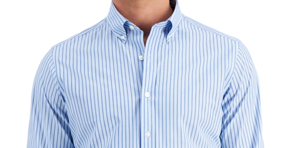Club Room Men's Slim Fit 4 Way Stretch Stripe Dress Shirt Blue Size Medium