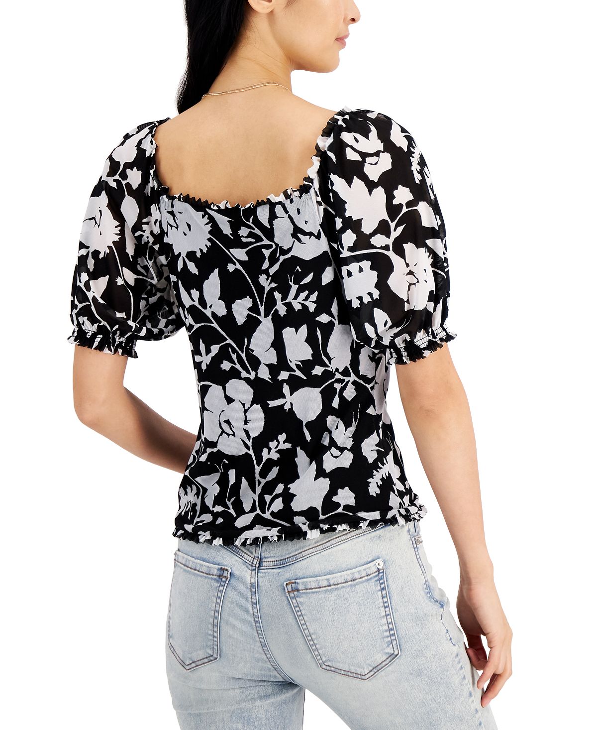 INC International Concepts Women's Printed Puff Sleeve Top Black Size Medium