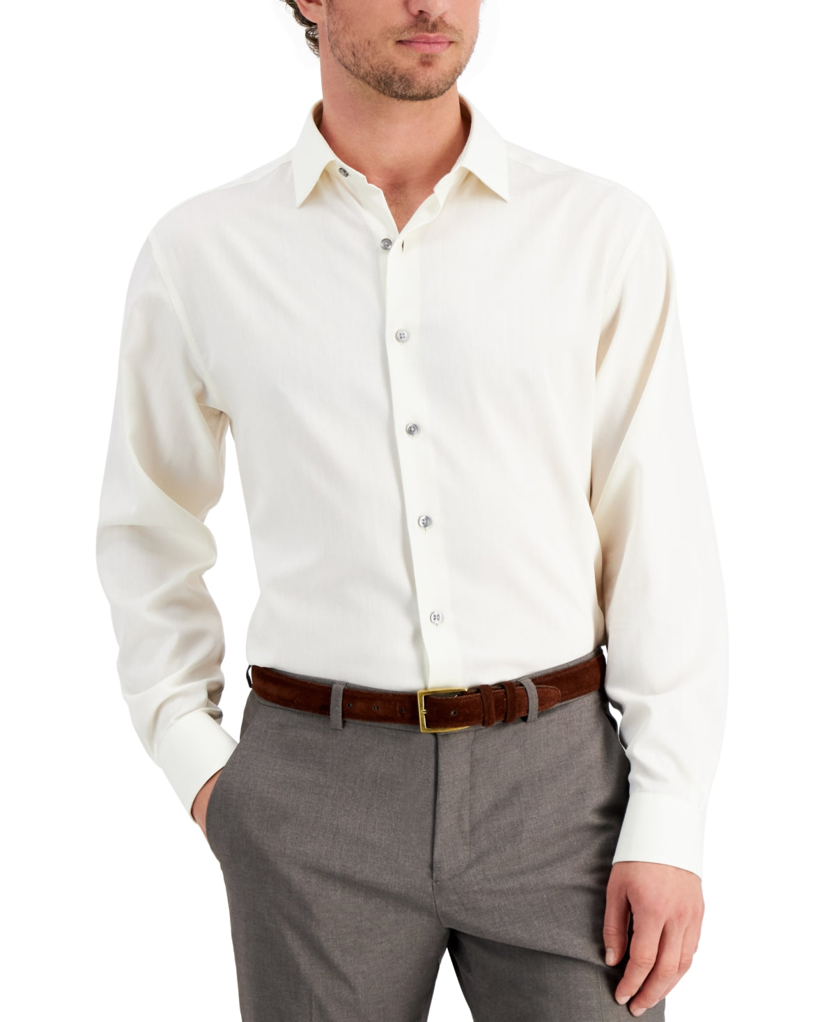 Alfani Men's Regular Fit 2 Way Stretch Herringbone Dress Shirt Beige Size 17X34X35