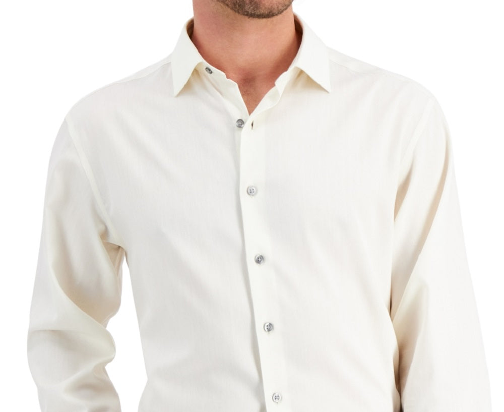 Alfani Men's Regular Fit 2 Way Stretch Herringbone Dress Shirt Brown Size 34X35