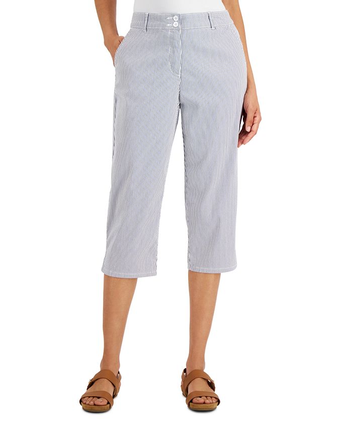 Karen Scott Women's Corded Striped Capri Pants Blue Size 16 Petite