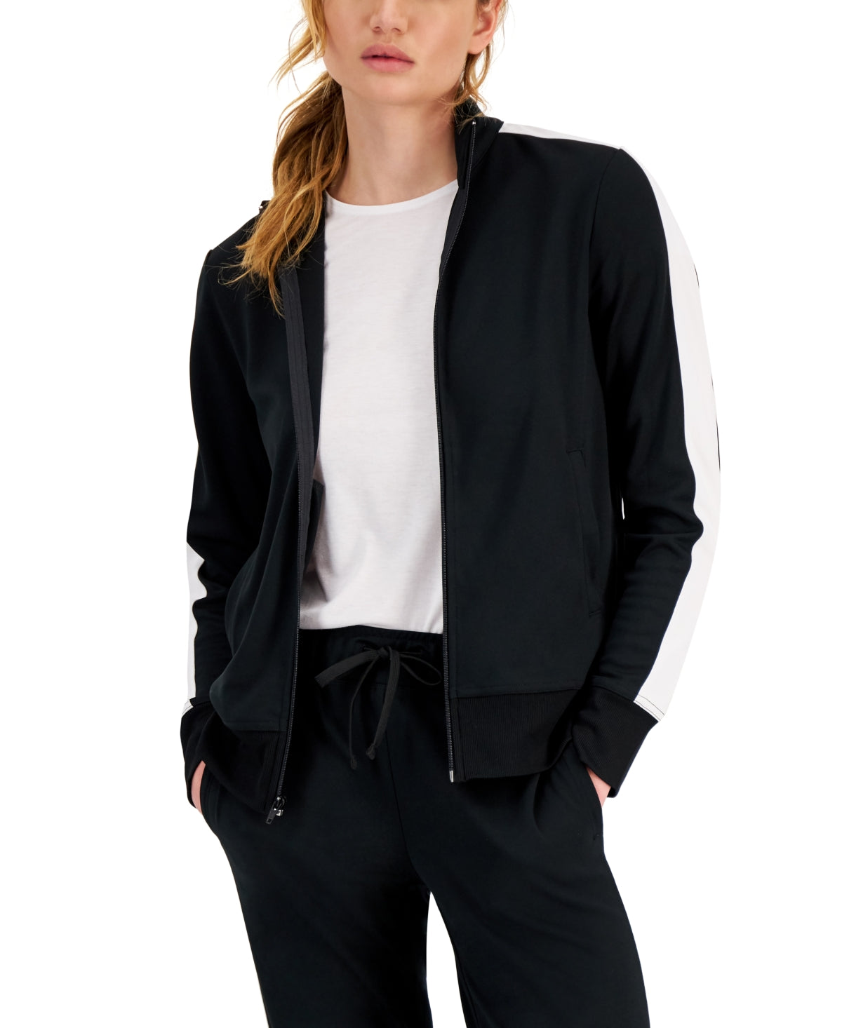 ID Ideology Women's Zip Striped Sleeve Track Jacket Black Size Medium