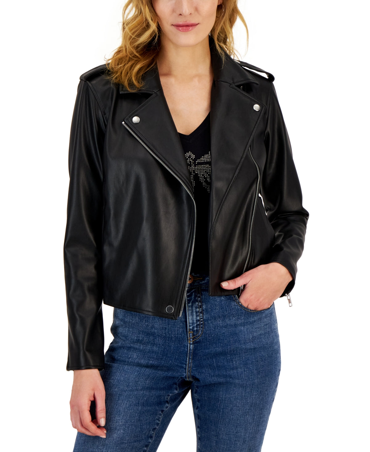 INC International Concepts Women's Faux Leather Jacket Black Size Medium