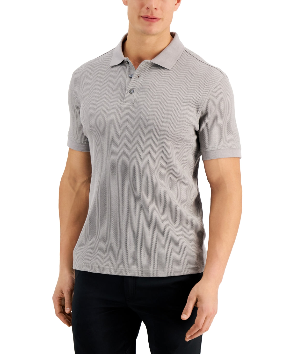 Alfani Men's Stretch Textured Stripe Jacquard Polo Shirt Gray Size Large