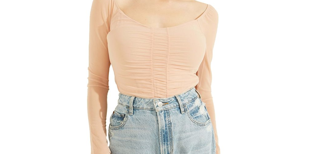 GUESS Women's Kimbra Shirred Mesh Top Blue Size Large