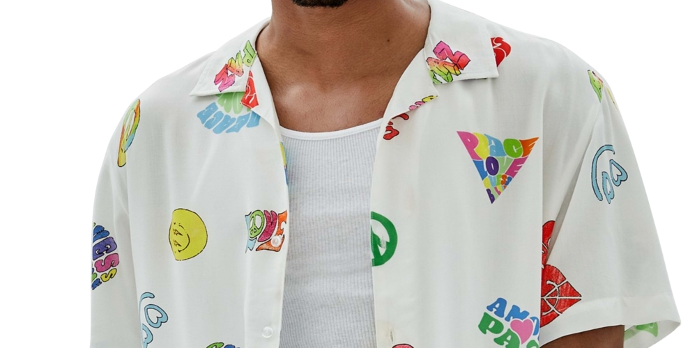 GUESS Men's Printed Camp Shirt White Size XX-Large