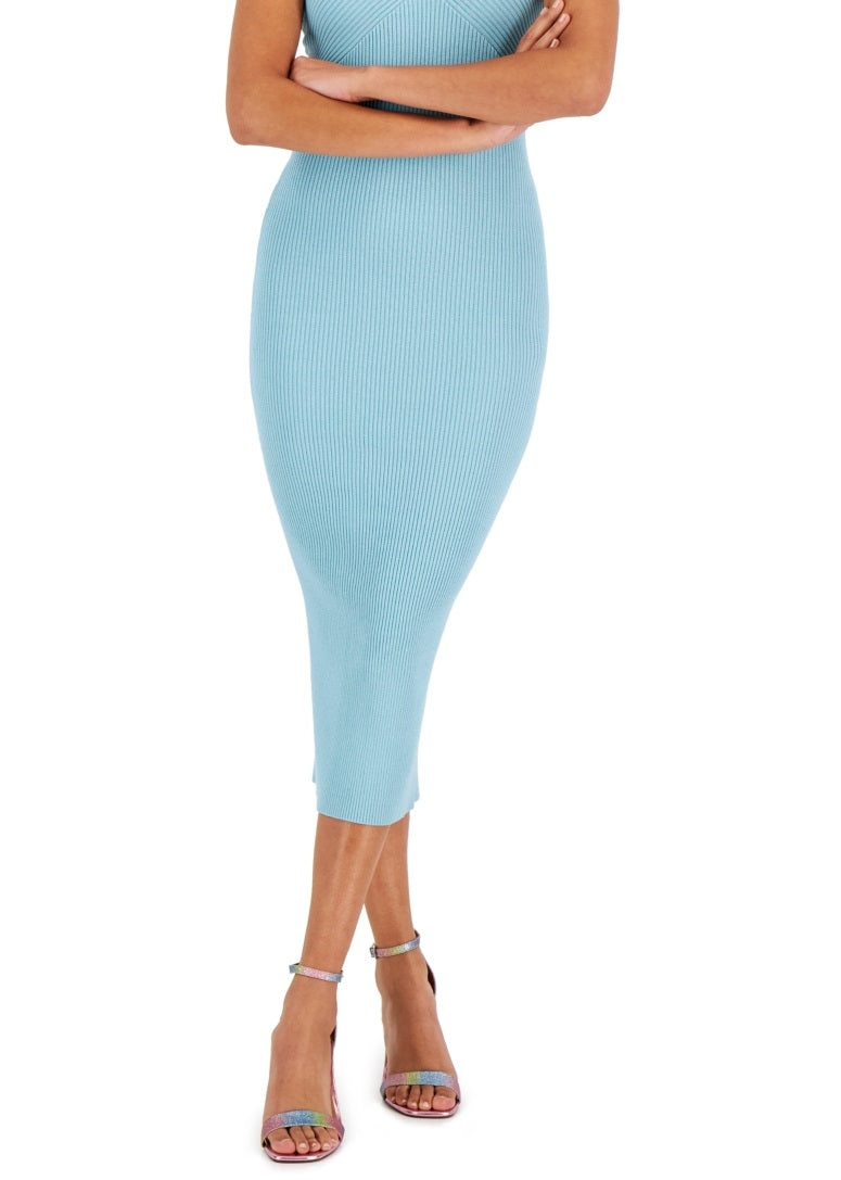 GUESS Women's Sleeveless Halter Neck Mariposa Ribbed Dress Blue Size Small
