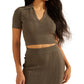 GUESS Women's Amalia Crop Ribbed Polo T-Shirt Brown Size Large