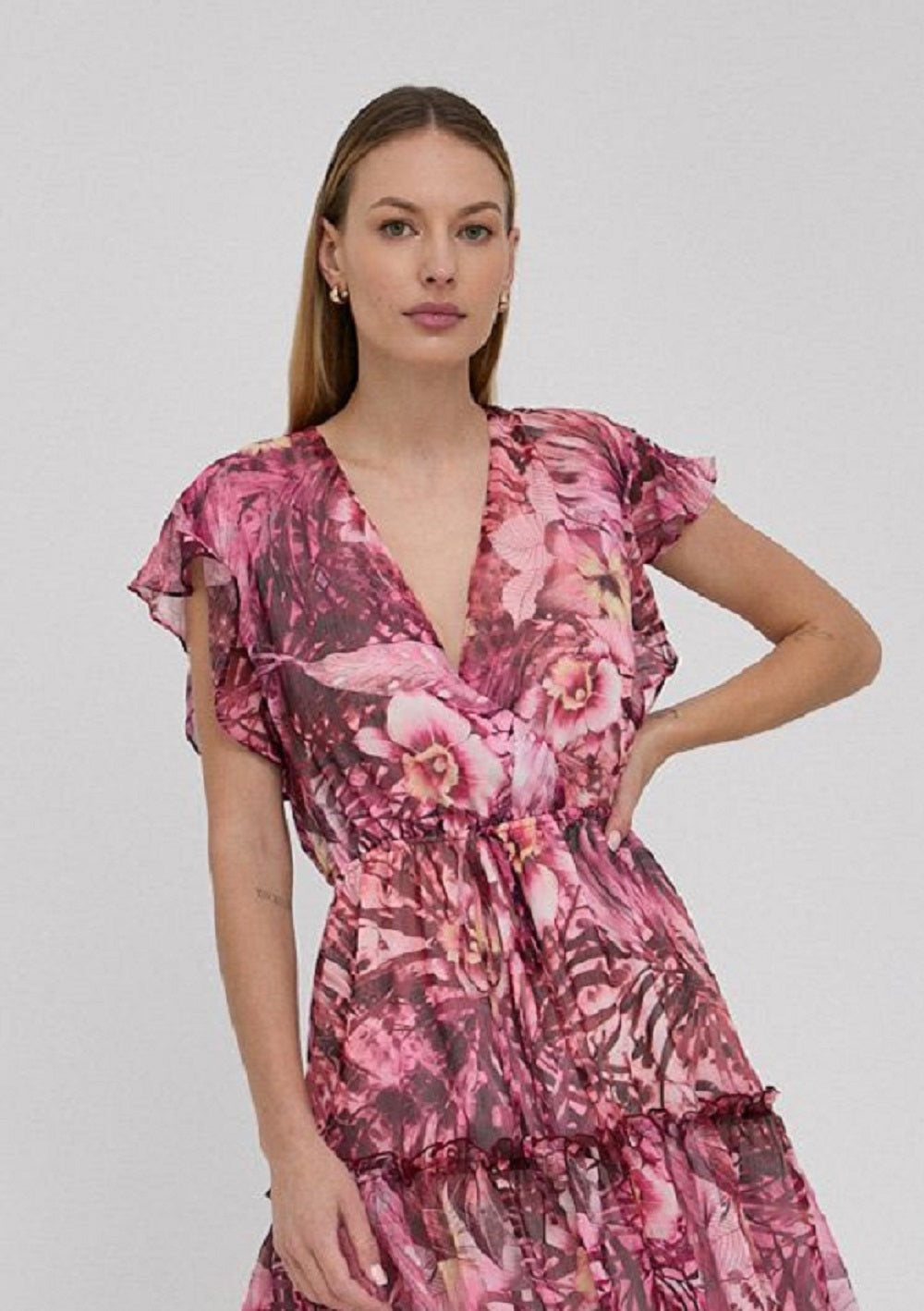 GUESS Women's Rosa Floral Print Flutter Sleeve Dress Pink Size Large