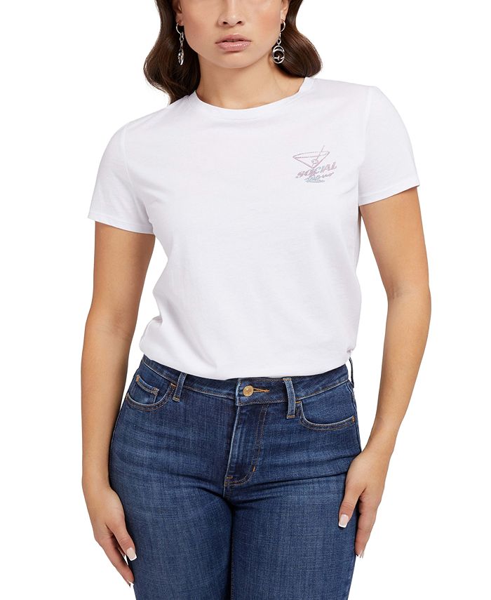 GUESS Women's Cotton Social Hour Graphic Print Tee White Size X-Large