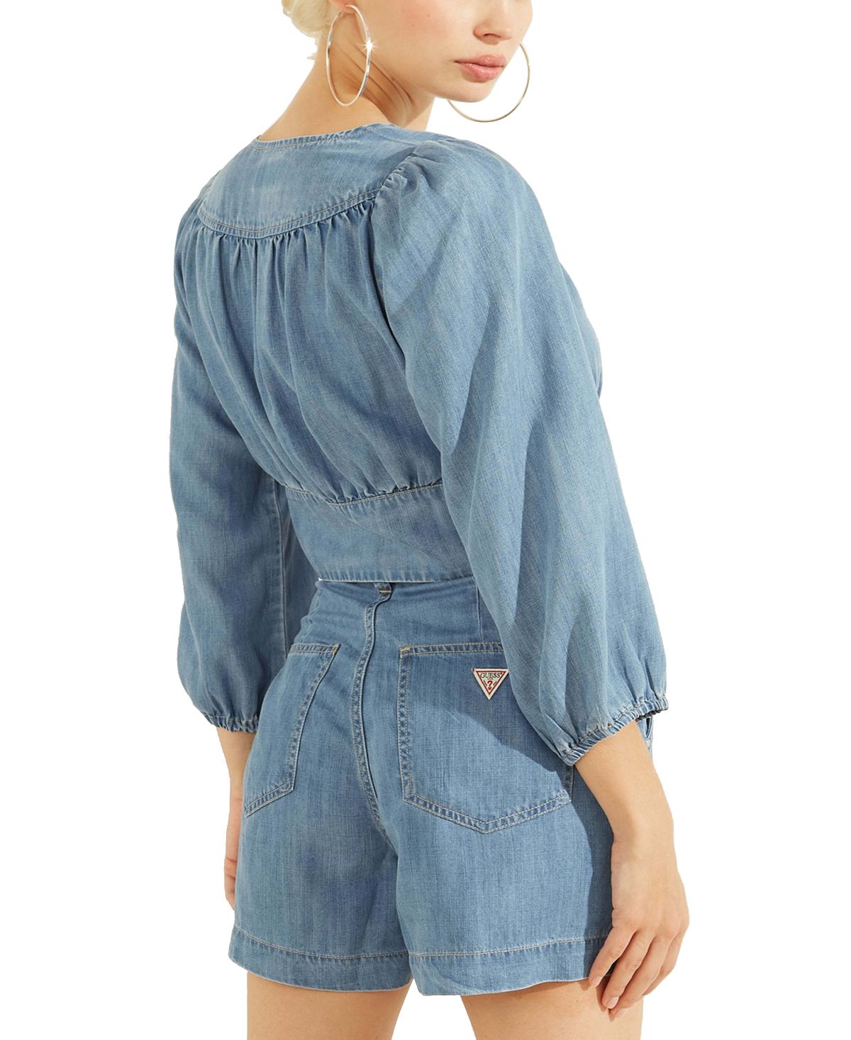 GUESS Women's Faux Wrap Crop Top Blue Size X-Small