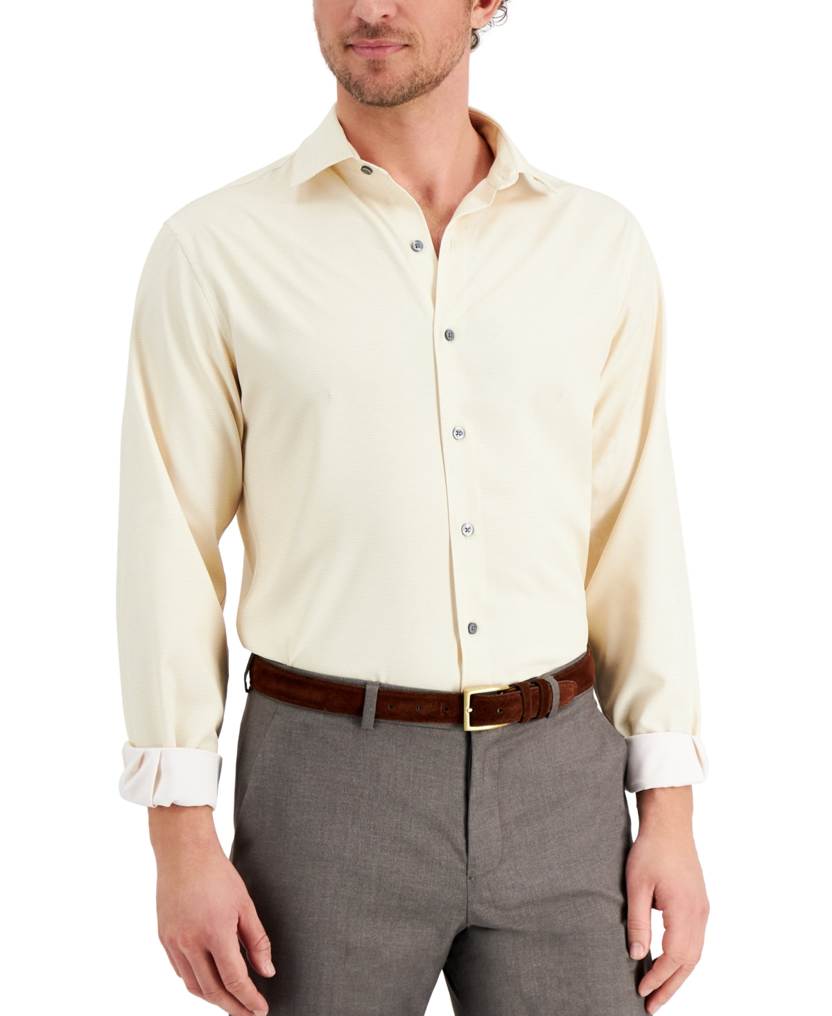 Alfani Men's Slim Fit 4 Way Stretch Geo Print Dress Shirt Beige Size 32X33