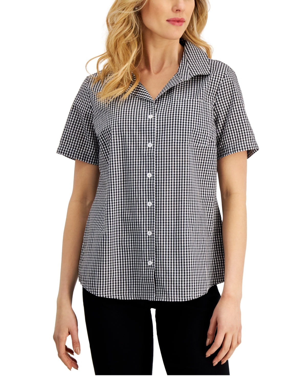 Karen Scott Women's Gingham Woven Shirt Black Size Petite Large