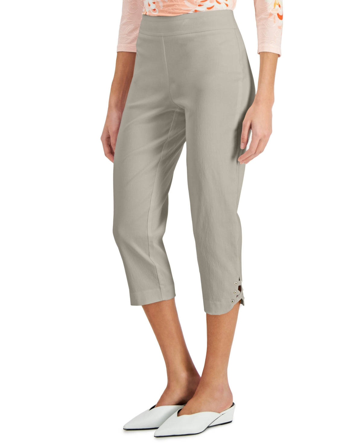 JM Collection Women's Lattice Hem Capri Pants Grey Size Large
