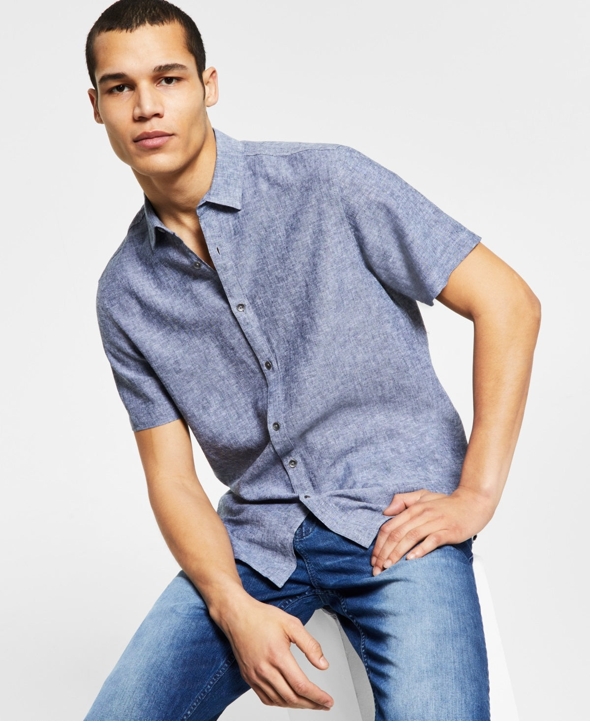 INC International Concepts Men's Regular Fit Linen Shirt Blue Size Small