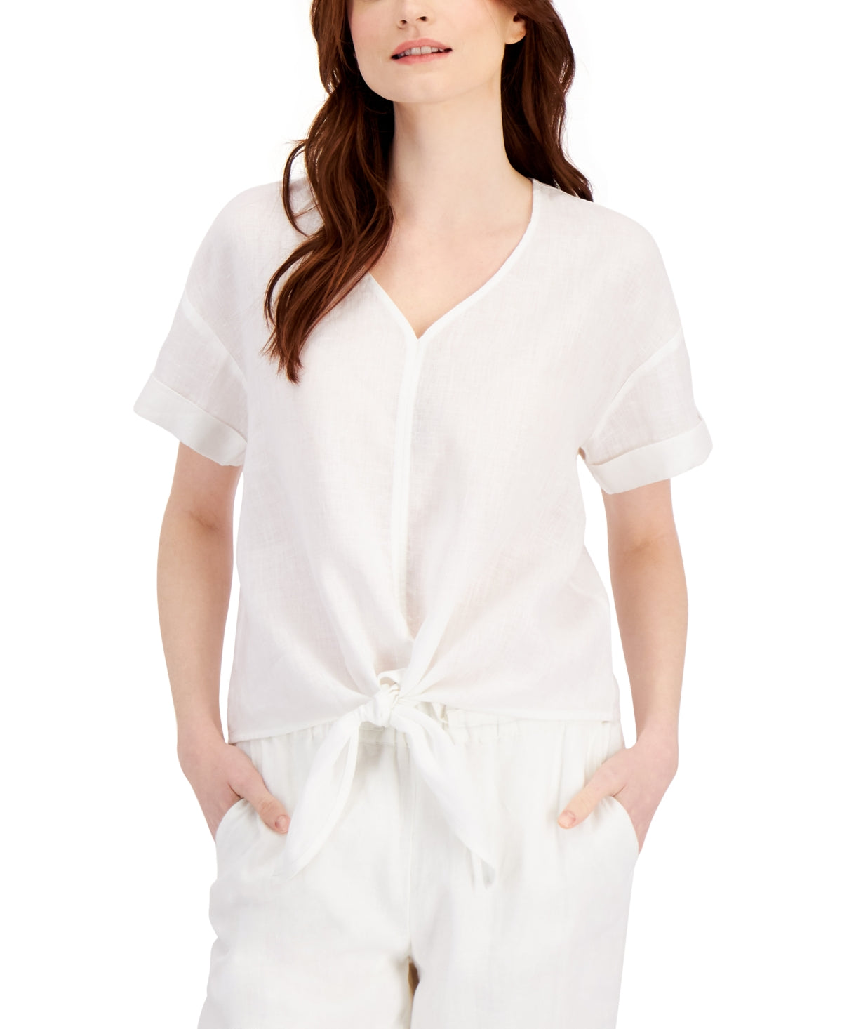 Charter Club Women's Linen Tie Front Top White Size XX-Large