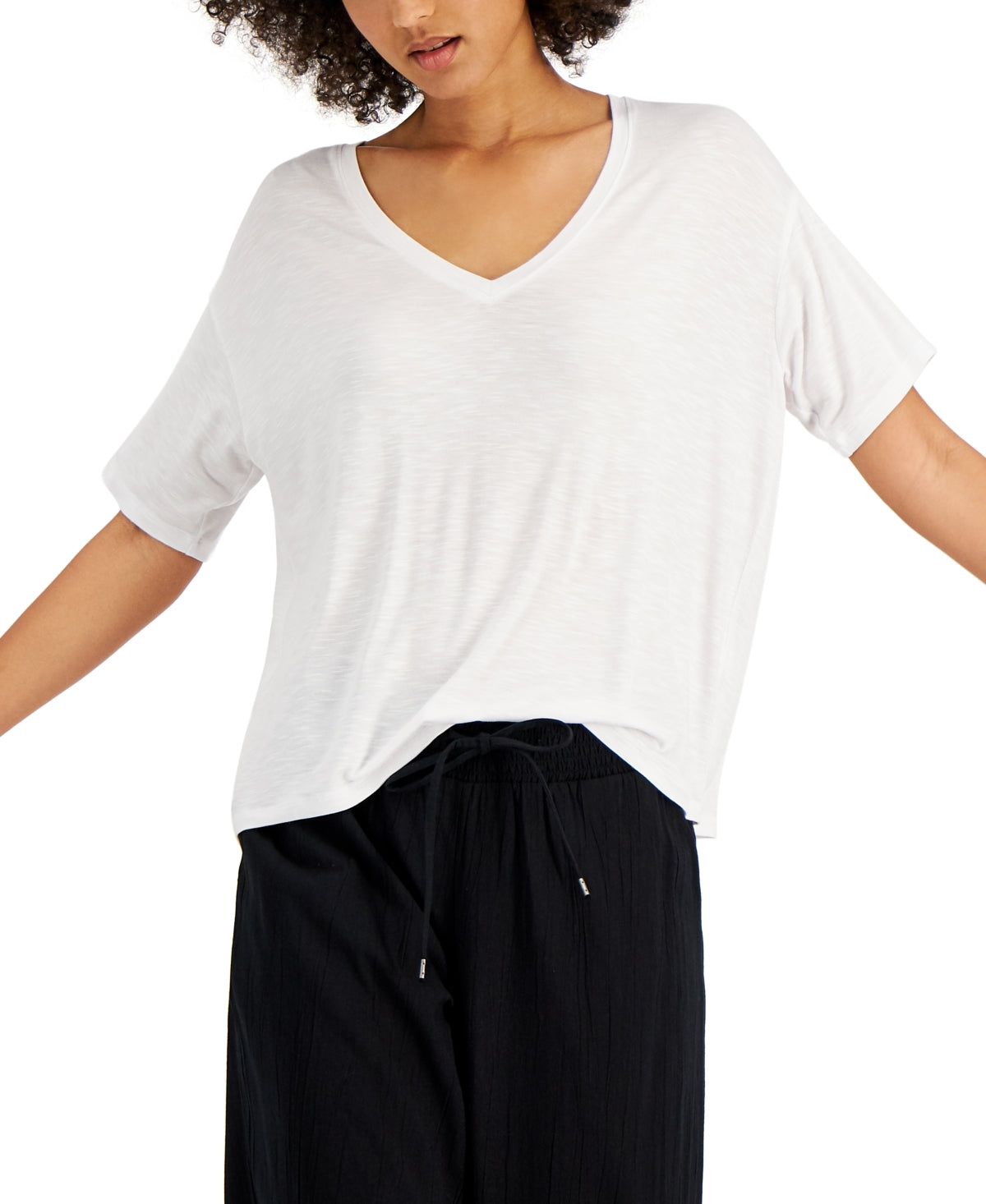 Style & Co Women's Drapey V Neck T-Shirt White Size X-Small