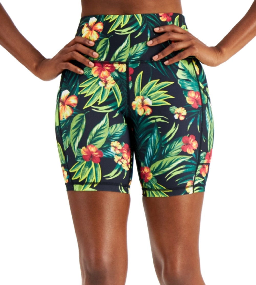ID Ideology Women's Compression Tropical Print 7 Bike Shorts Black Size Large