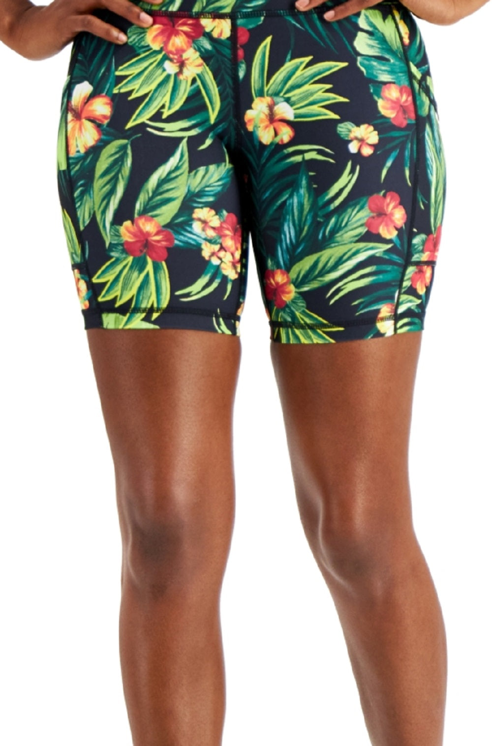 ID Ideology Women's Compression Tropical Print 7 Bike Shorts Black Size Large