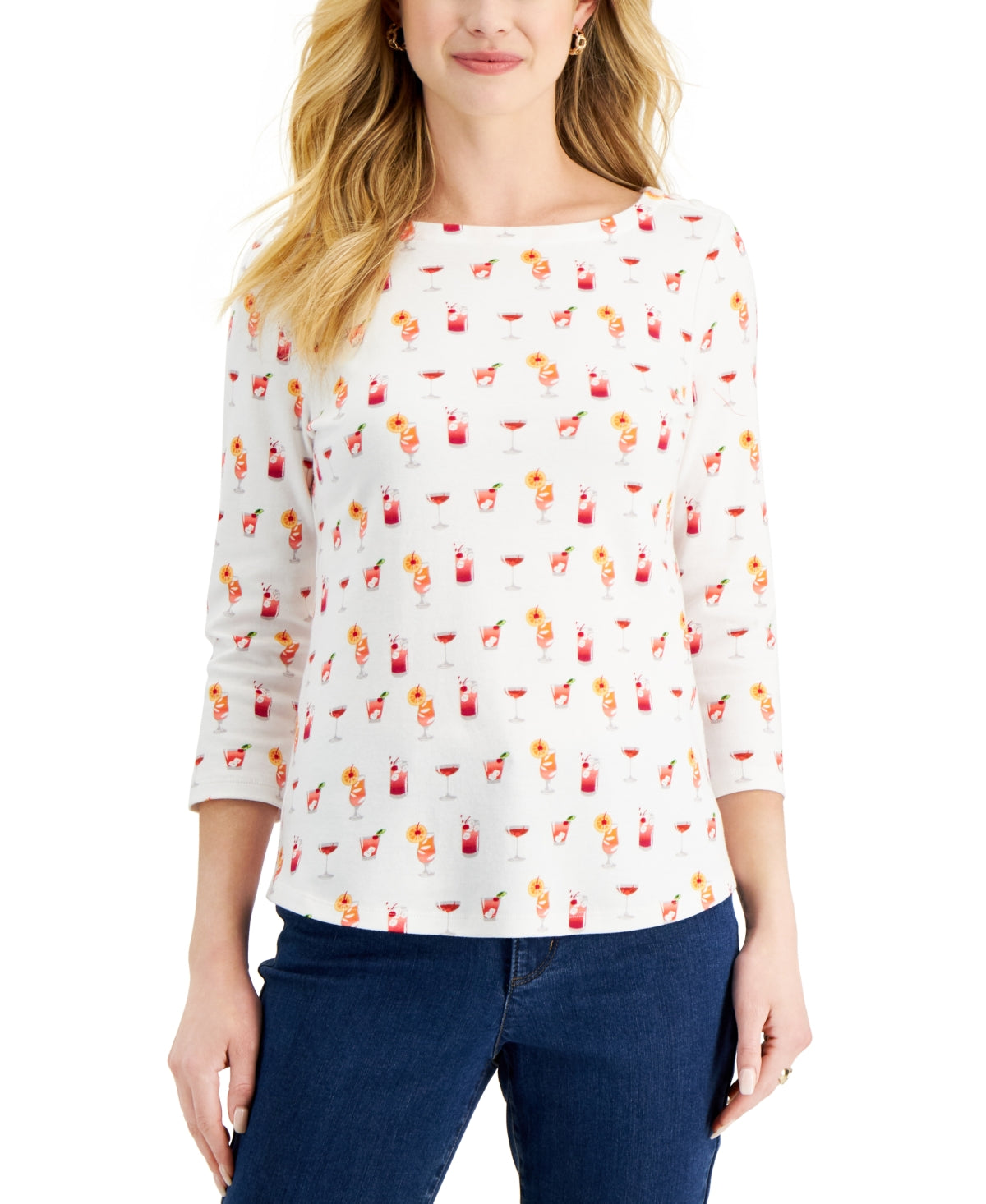 Charter Club Women's Cotton Printed Top White Size Large