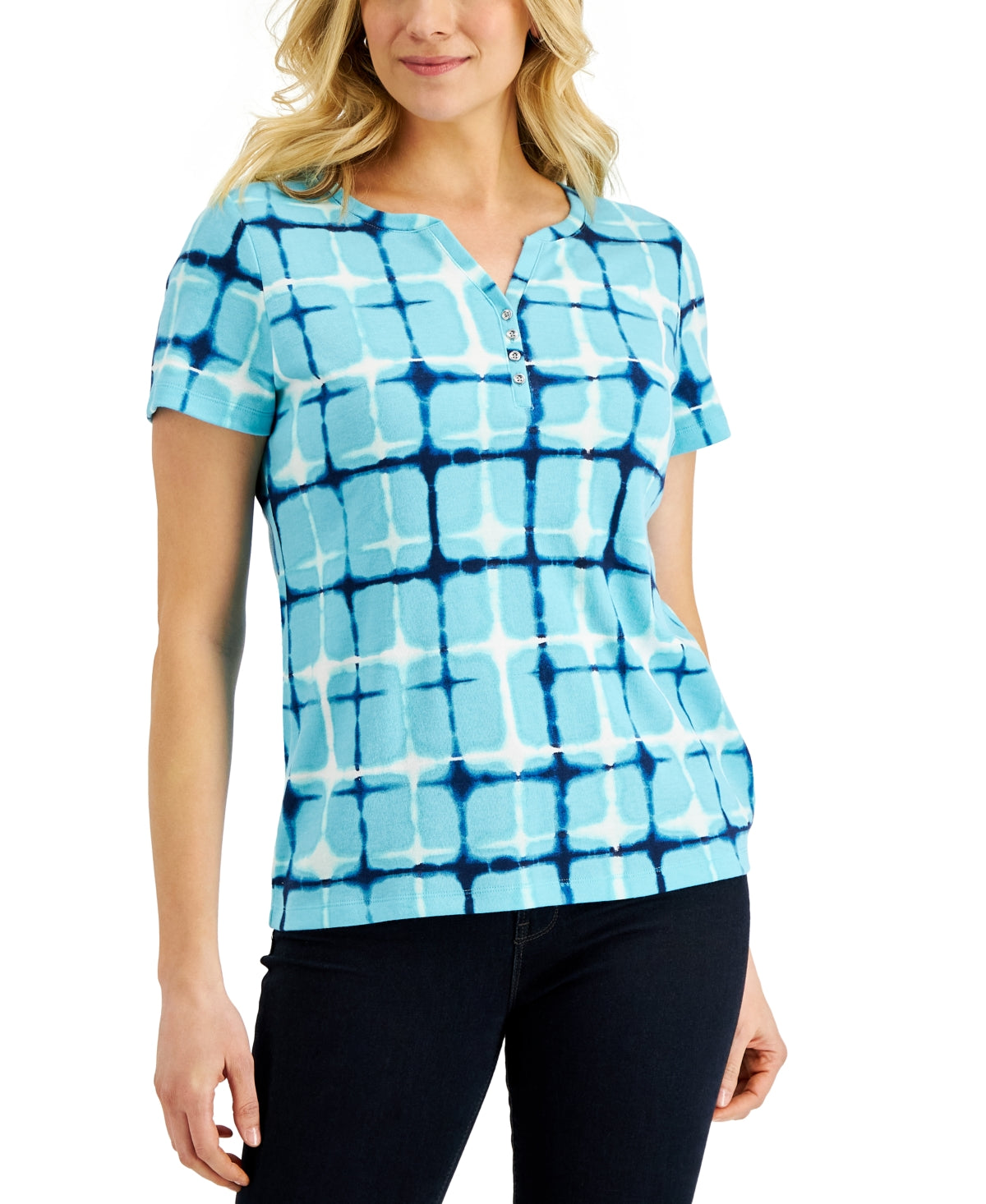 Karen Scott Women's Firecracker Printed Henley Top Blue Size Small