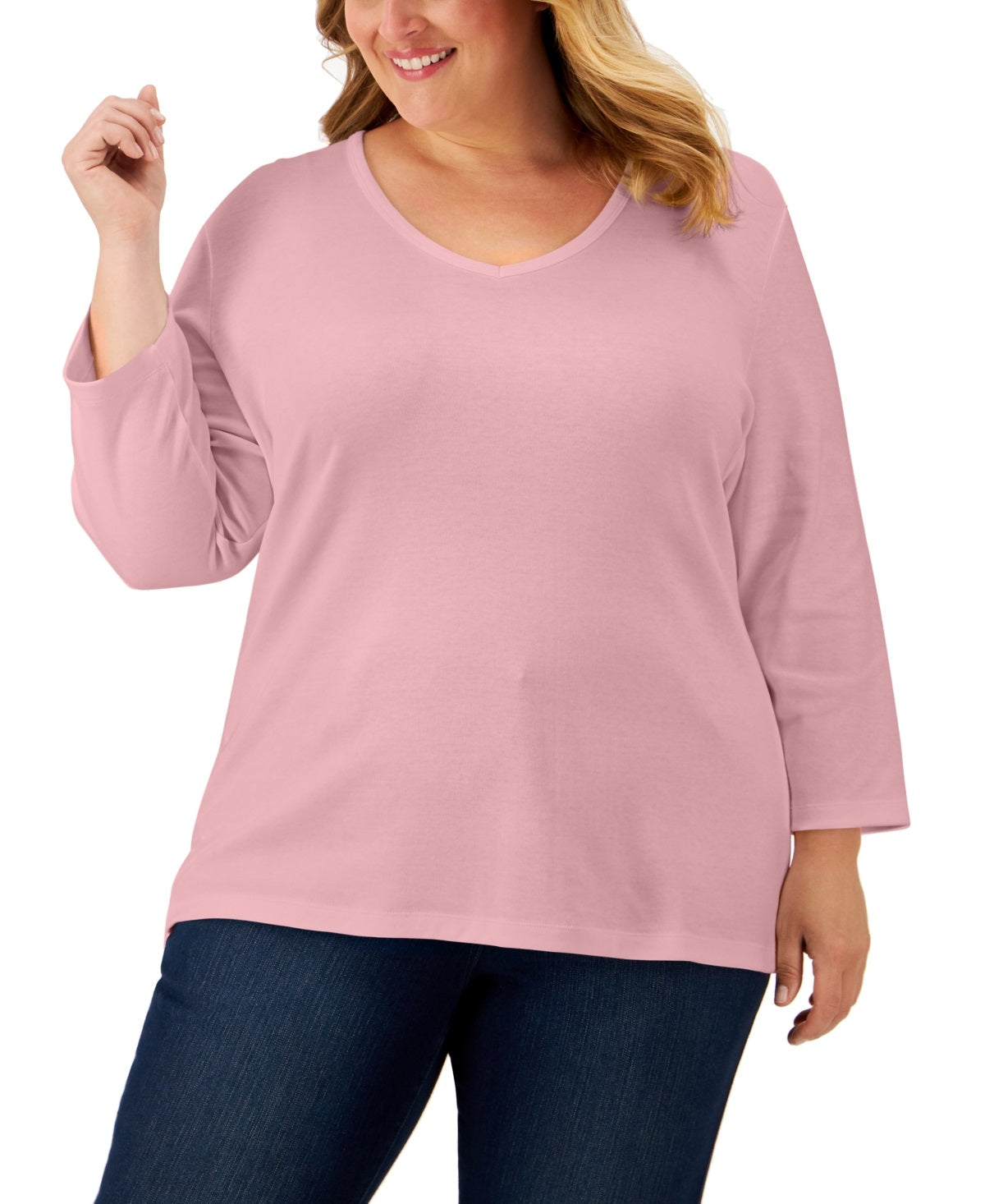 Karen Scott Women's 3/4 Sleeve V Neck Top Pink Size 3X