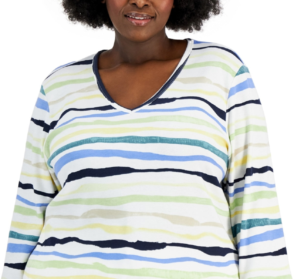 Karen Scott Women's Sasha Stripe 3/4 Sleeve Top Green Size 2X