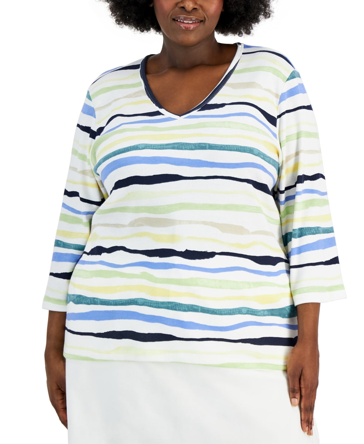 Karen Scott Women's Sasha Stripe 3/4 Sleeve Top Green Size 2X