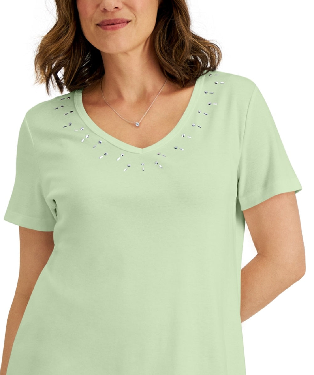 Karen Scott Women's Cotton Studded V Neck Top Green Size Large