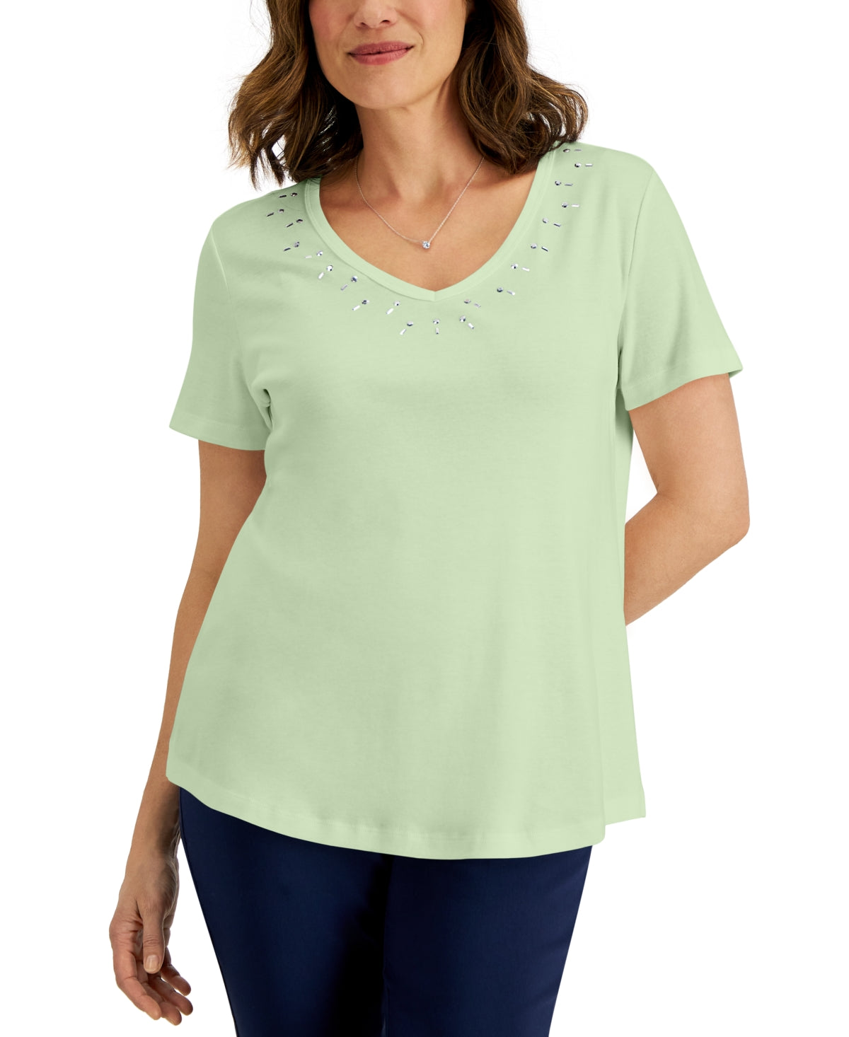 Karen Scott Women's Cotton Studded V Neck Top Green Size Large
