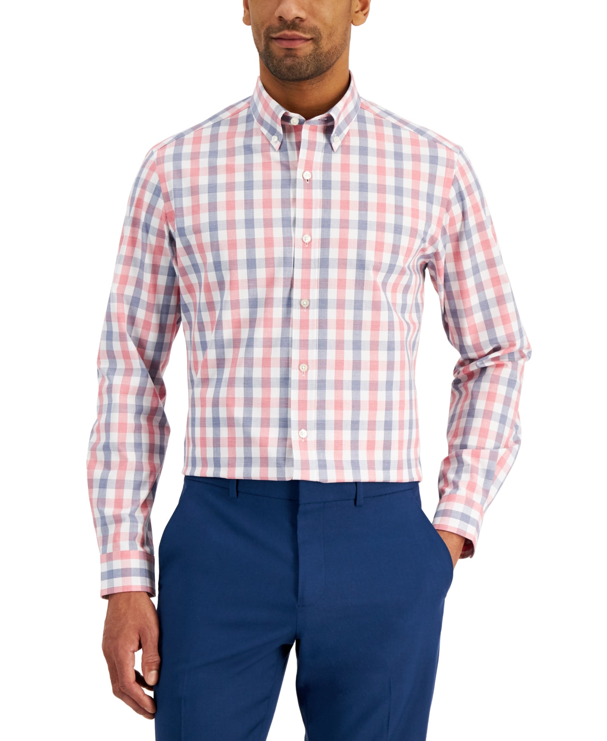Club Room Men's Slim Fit 4 Way Stretch Gingham Dress Shirt Red Size Large