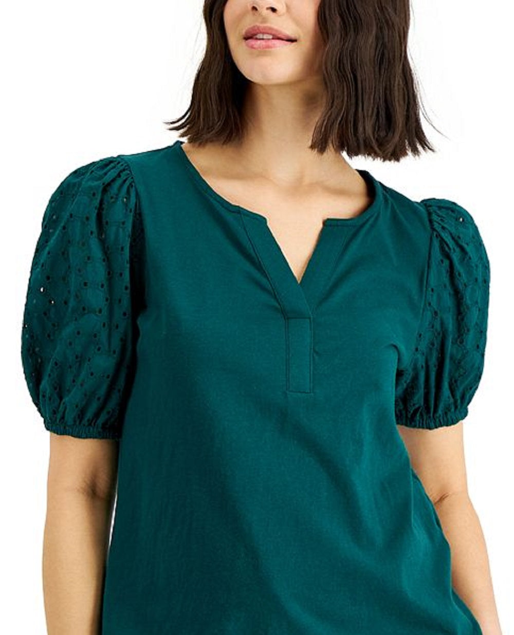 Alfani Women's Eyelet Puff Sleeve Top Green Size Petite X-Large