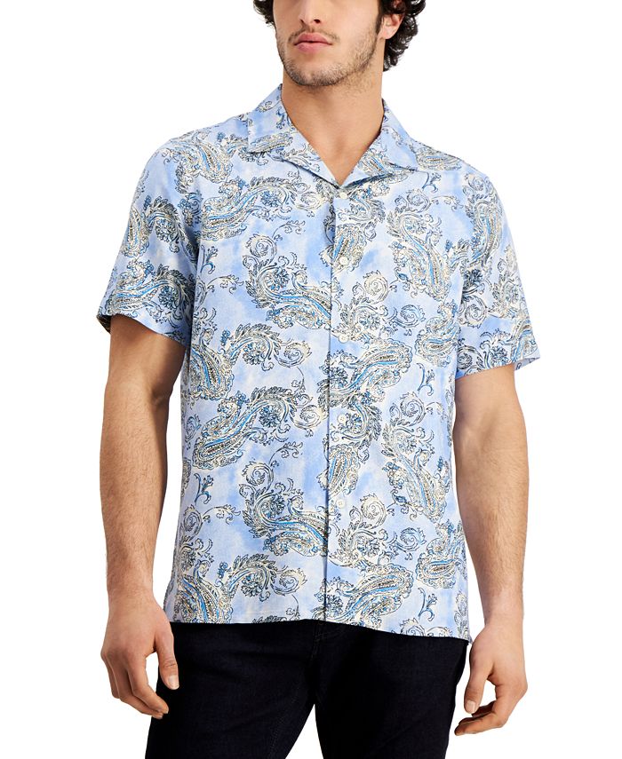 Club Room Men's Regular Fit Paisley Print Camp Shirt Blue Size Large