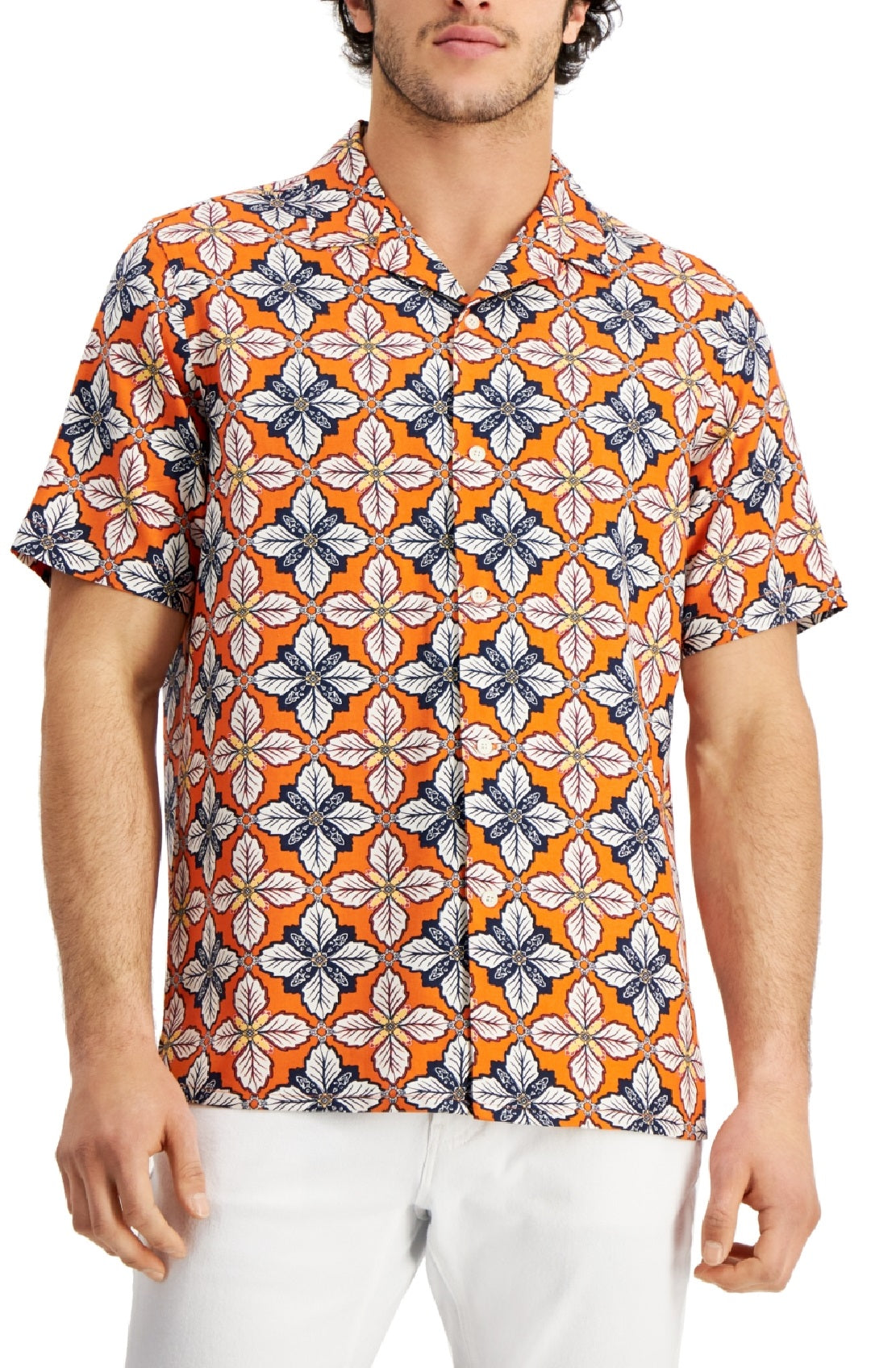 Club Room Men's Regular Fit Medallion Print Camp Shirt Red Size Small