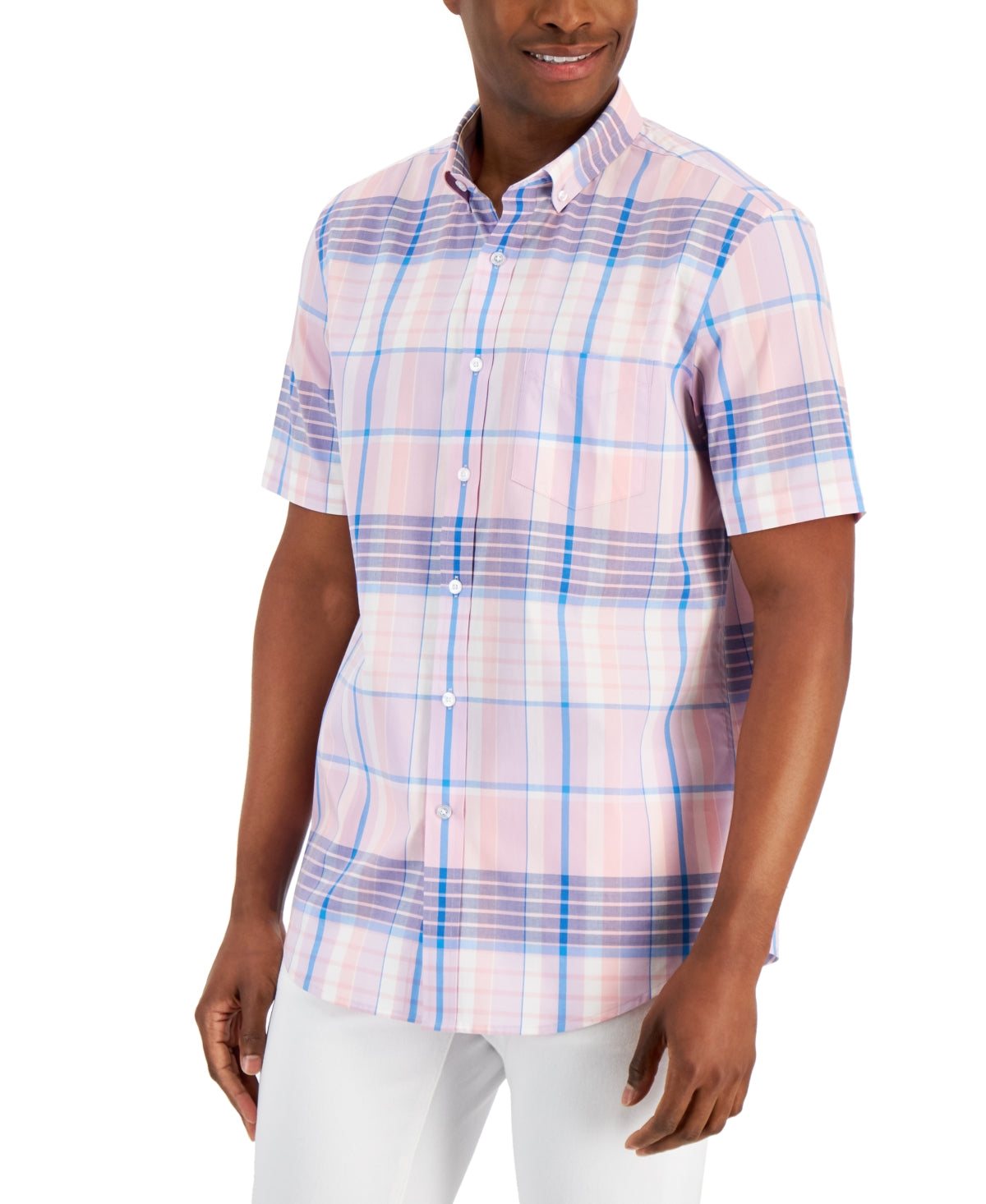 Club Room Men's Romero Plaid Poplin Shirt Pink Size Medium