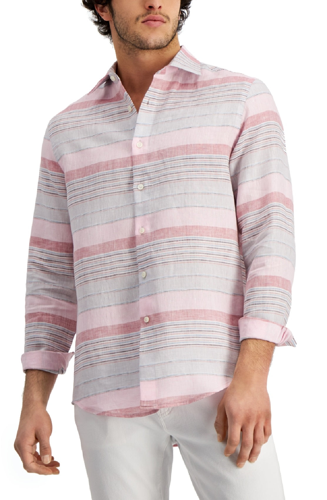 Club Room Men's Regular Fit Stripe Linen Shirt Pink Size Medium