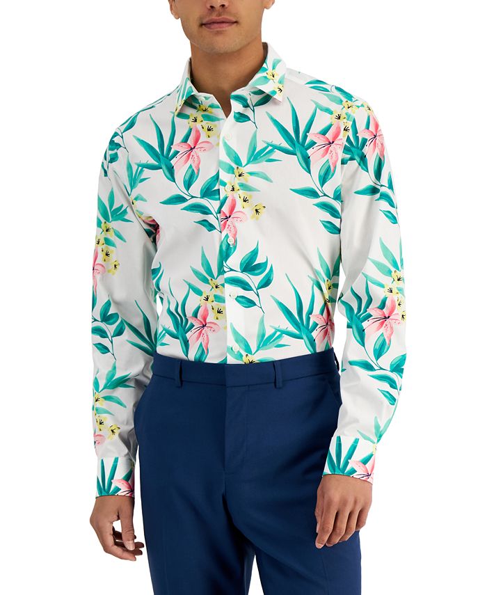 Bar III Men's Slim Fit Tropical Print Dress Shirt White Size Large
