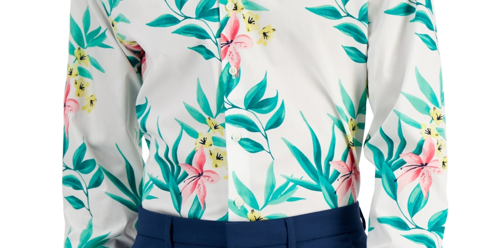 Bar III Men's Slim Fit Tropical Print Dress Shirt White Size Large