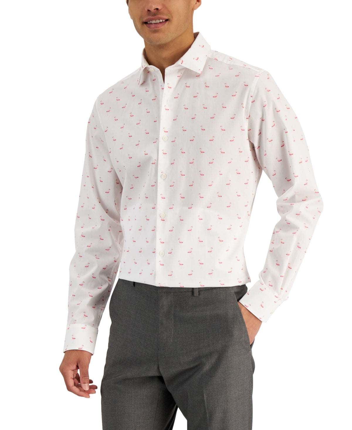 Bar III Men's Slim Fit Flamingo Print Dress Shirt White Size Large