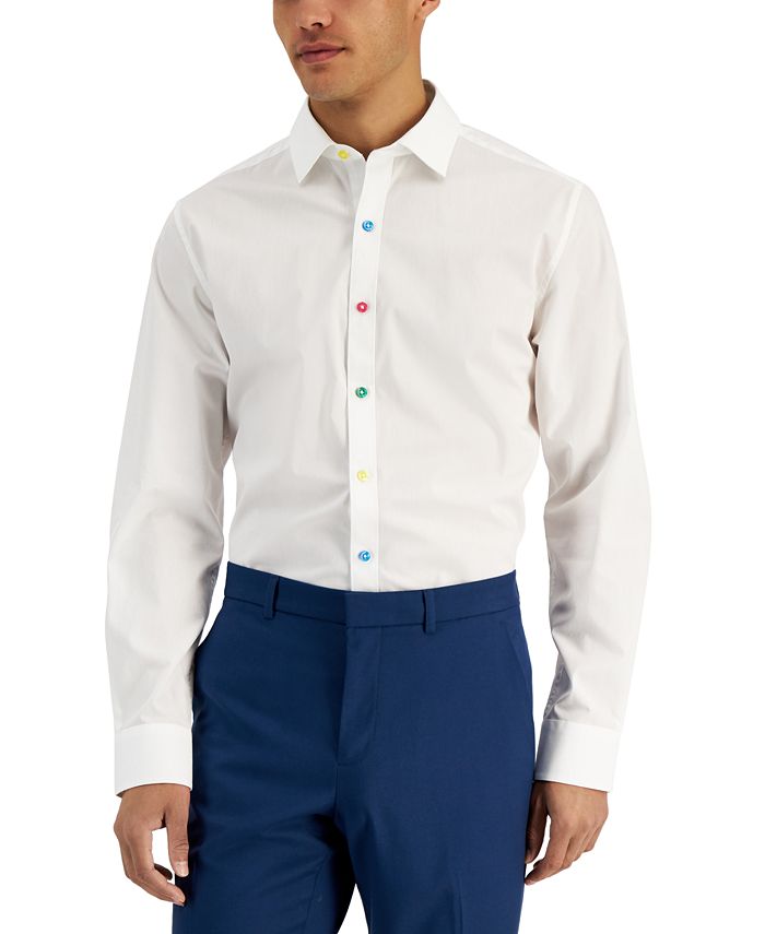Bar III Men's Slim Fit Colored Buttons Dress Shirt White Size Small